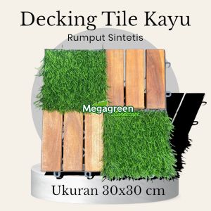Decking tile kayu + rumput sintetis / lantai kayu / flooring kayu