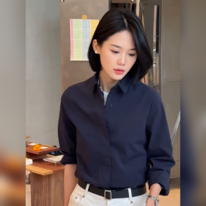 YUFUQING | Slim Fit Long Sleeve Base Shirt Versatile Dark Blue Design Casual Style Polyester Fiber 2025 Spring New Womens Top