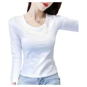 White Cotton Long Sleeve round Neck Base Shirt Womens plus Size Spring Autumn Style Fitting Inner Wear Top Commute Korean Version