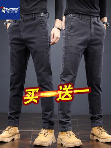 Mens Fleece Lined Thickened Elastic Casual Pants Straight Leg Long Trousers Autumn Winter Style Comfortable Loose Fit Jeans
