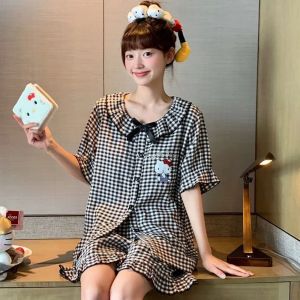 Sanrio Hello Kitty Pajama Set Anime Woman New Cute Grid With Padded Cups Pajamas Round Neck Bow Student Nightwear Girls Gift