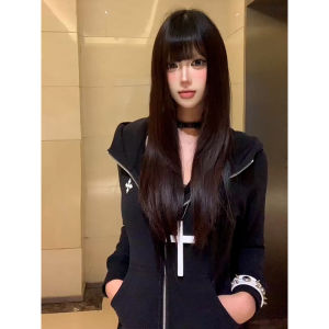 American Style Slim Fit Hoodie Womens Cross Zipper Open Cardigan Jacket Black Slimming Top Streetwear Short Length Long Sleeve