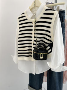 French Stripe Knitted Vest Cardigan Women Early Autumn Retro Sweater Vest Lazy Style Sleeveless Shoulder Pad Top Wear
