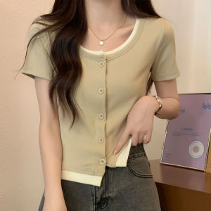 Color Block Short Sleeve T-Shirt Womens Slim Fit Button up Base Shirt Fake Two-Piece Korean Style Summer New Arrival