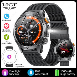 LIGE | LIGE New Outdoor Military Smart Watch For Men 1.85" AMOLED 1000mAh Battery IP68K Swim Flashlight Heart Rate Wireless Call Watchs