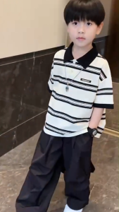 Terno for Kids Boy Casual Black & White Polo Stripes Black Jogger Pants 1-5yrs old C46