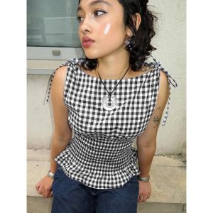 Plaid Lace up Straight Neck Vest Retro Style Womens Short Sleeve Top with Bow Tie Waist Cinching Striped Patterned Vest