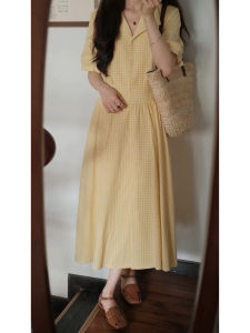 HUAYILING | Vintage French Style Yellow Check Shaped Dress