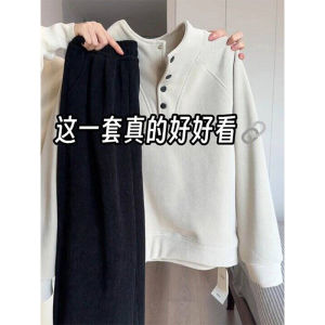 หนาขึ้น เสื้อฮู้ด ผู้หญิง ลำลอง เสื้อสวม เสื้อสเว็ตเชิ้ต กระดุม ดีไซน์ Oalirong Half High ปกเสื้อ หลวม ปลอกไหล่อุ่นพอดี