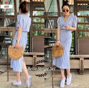 RED-Set Belle Stripe/Setelan Rok Korean Style/2in1 Set Fashion/Setelan Casual Modern