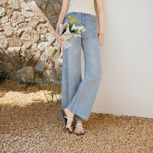 XIANGYING | Retro Denim Straight Leg Jeans High Waist Embroidered Rhinestones