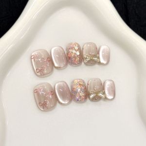 10pcs Handmade Fake Nails Short Oval Pure desire cats eye Press On Nails False Nails French Polk bow Design