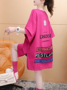 Womens Mid-Length Pure Cotton Short-Sleeve T-Shirt Large Size Back Design Side Slit Suitable for Shark Pants Barbie Pants