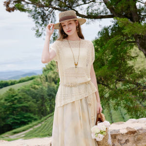 XIANGYING | Lightweight Knit Top Female Hollowed Out Textured Short Sleeve