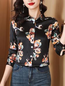 Elegant Acetate Satin Long Sleeve Womens Shirt Vintage Floral Print Slimming Black Top Fashionable Commute Style Button Detail