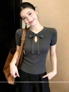 Bow Ribbon Grey Puff Sleeves T-shirt