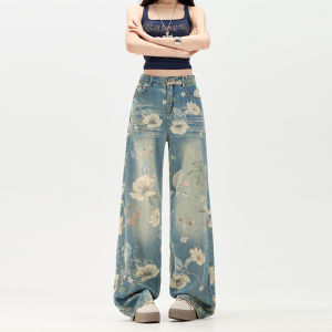 New Summer Y2k Pants Jeans for Woman Loose Fit High Waist Retro Wide Pants  American Vintage Style Floral Print Design