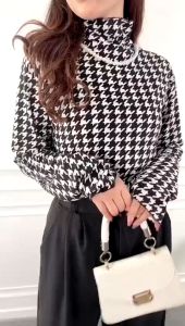 Baju Atasan Wanita Lengan Panjang Houndstooth Ribbed Knit Longsleeve Jumbo XL Bahan Rib