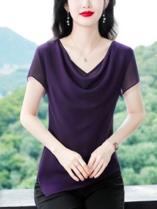 Ladieswear Chiffon Blouses for Women Summer New Arrival Short Sleeve Elegant Asymmetrical Purple Easiest for Match Slimming V-Neckline Western Style Small Shirt