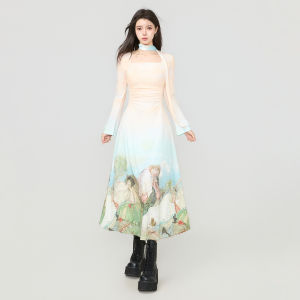 KEIKO | Oil Painting Style Retro V-Neck Stretch Fitted Dress