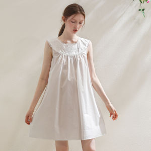 XEXZ | ชุดนอนผ้าฝ้ายแท้ปักลายสไตล์ฝรั่งเศสเซ็กซี่ ชุดนอนลำลองสำหรับใส่ในบ้าน ชุดนอนผู้หญิงวัยรุ่น ชุดนอนฤดูร้อน แขนกุด กระโปรงยาวปานกลาง