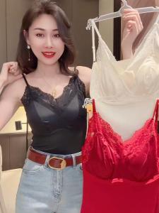 Warm Flocking Lace Splice One-Piece V-Neck Slimming Vest Versatile Solid Color Satin Fabric Popular Internet Celebrity Style