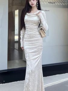 French Elegant Long Sleeve Wrap Body Fish Tail Dress Womens New Style Slimming Pleated Summer Ball Gown A-Line Skirt Dress