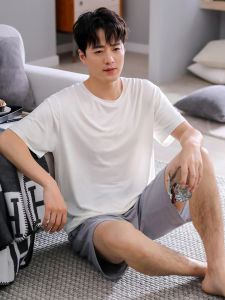 Mens Summer Modal Short Sleeve Sleepwear Set Crewneck Ice Silk Thin Section Home Service Style for Youth
