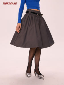 MOKACAKE 2025 Autumn Summer Grey Pleated A-Line Mini Skirt Low Waist Flower Bud Flared Short Skirt Womens Fashion Polyester Viscose