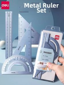 deli | Metal Ruler Set Student Drawing Tools Wave Straightedge Triangle Ruler Protractor