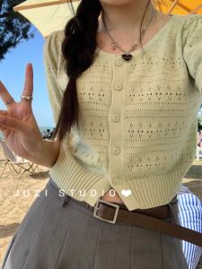 Áo Len Cardigan Hở Tay Ngắn Bằng Lụa Băng Khoét Rỗng Mùa Hè Mới Cho Nữ Tay Bồng Thon Gọn Áo Khoác Ngoài Tay Ngắn Áo Thun