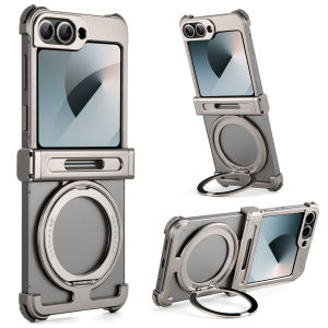 Oatsbasf for Samsung Galaxy Z Flip 6 Phone Case with 360° Rotatable Stand Thin Metal Magnetic Frameless Bumper Protective Cover