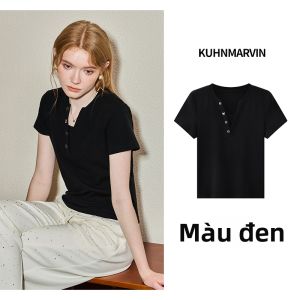 KUHNMARVIN | Áo Thun Co Dãn Cổ Henry Tay Ngắn Kiểu Cổ Điển