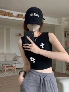 Sweet Cool Black Tilan Star Womens Sleeveless Half-high Collar Short Top for Summer Minimalist Casual Style Pure Cotton Fabric