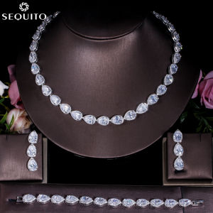 SEQUITO Top Quality White Gold Plated AAAAA Cubic Zirconia Crystal Paved Setting Water Drop Choker Necklace and Hanging Earrings Bracelet Sets Elegant Bride Wedding Jewelry Set SJ294