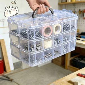 3-layer 18-compartment Transparent Storage Box with Lid and Handle Transparent Tool Organizer Suitable for Sorting Screws Nuts