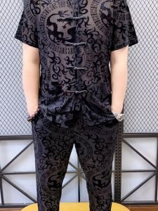 ชุดกีฬาลำลองสำหรับผู้ชาย คอลเลกชั่นฤดูร้อน 2025 ชุดกี่เพ้าสไตล์ย้อนยุคคุณภาพสูง ชุดกี่เพ้าเต็มชุด แขนสั้น 2 ชิ้น