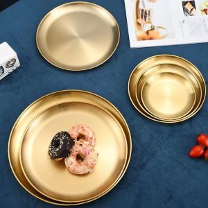 High Quality Gold Silver Tray Stainless Steel Metal Dining Disc Round Bone Spitting Dish Fruit Meat Dessert Plate Kitchen Tools