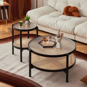 Solid Wood Coffee Table Round Glass CoffeeTable Simple Rattan Table