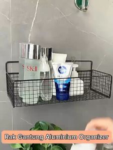 Rak Gantung Bahan Aluminium FREE Perekat / Storage Organizer Rack Bathroom 1 Layers / Kotak Penyimpanan Tempat Sabun Shampo Bumbu Rempah Skincare Mainan Anak / Keranjang Jaring Tempel Dinding Keramik Dapur Kamar Mandi Holder Tanpa Paku Serbaguna - HOMIA