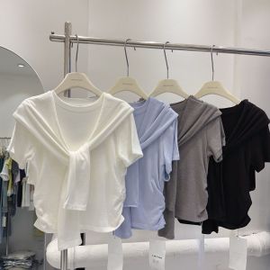 Áo Thun Tay Ngắn Cotton Modal Thiết Kế Giả Hai Mảnh Cổ Tròn Màu Trơn Thường Ngày Mùa Hè Cho Nữ