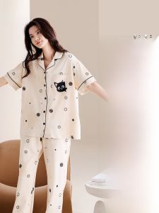 MiiOW | ชุดนอนผู้หญิงผ้าฝ้ายแท้แขนสั้น กางเกงขายาว ชุดสามชิ้น ฤดูร้อน 2025 ใหม่ ใส่ไปกลางแจ้งได้ เสื้อผ้าใส่อยู่บ้าน