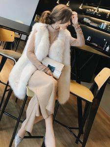 Autumn Winter New Style Womens Mid-Length Fox Fur Vest Fake Leather Jacket Slimming Trendy Commute Pure Color V-Neck Cotton Filled