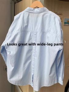 Sun Protection Loose Female Shirt Blue Elegant