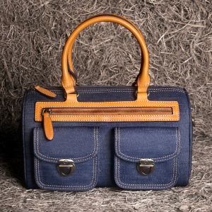 Cangpike Womens Handbag 2025 New Denim Patchwork Top Layer Cowhide Shoulder Bag Leather Boston Bag Elegant Style Detachable Strap