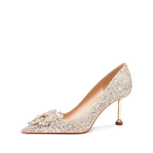 Champagne Color Low Heel Crystal Wedding Shoes Comfortable Breathable Womens Fashion Single Shoes Elegant Glitter Leather