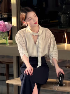 Unique Beautiful Sash Stripe Short Sleeve Shirt Womens Summer Fashionable Top French Style Elegant Attractive Small Shirt