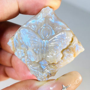 1pc Natural Crystal Moonstone Handmade Carved Butterfly Cube Carving Flashing Light Blue Gemstone Hand Crafts For Decoration