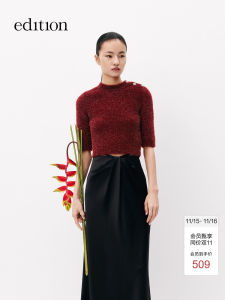 Edition Womens Short Glass Silk Knitted Sweater Autumn New Style Vintage Elegant Five Sleeve Head over Neck Pure Color