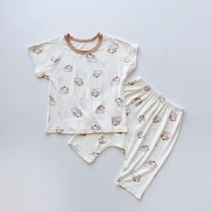 Modal Summer Childrens Sleepwear Set Short Sleeve Home Clothes Thin Large PP Pants Two-Piece Set for Boys And Girls
